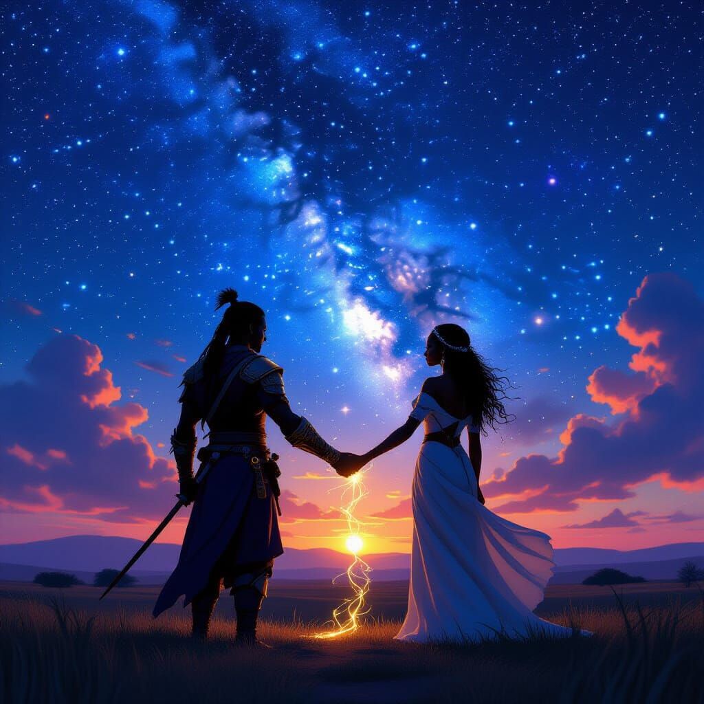 Spiritual Silhouettes in Starry African Sky Connected by Lig...