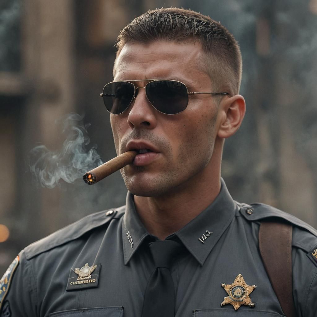 Tactical Cop Portrait with Cigar in Cinematic Lighting