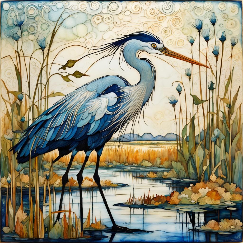 Heron in Marshlands, Art Nouveau Style