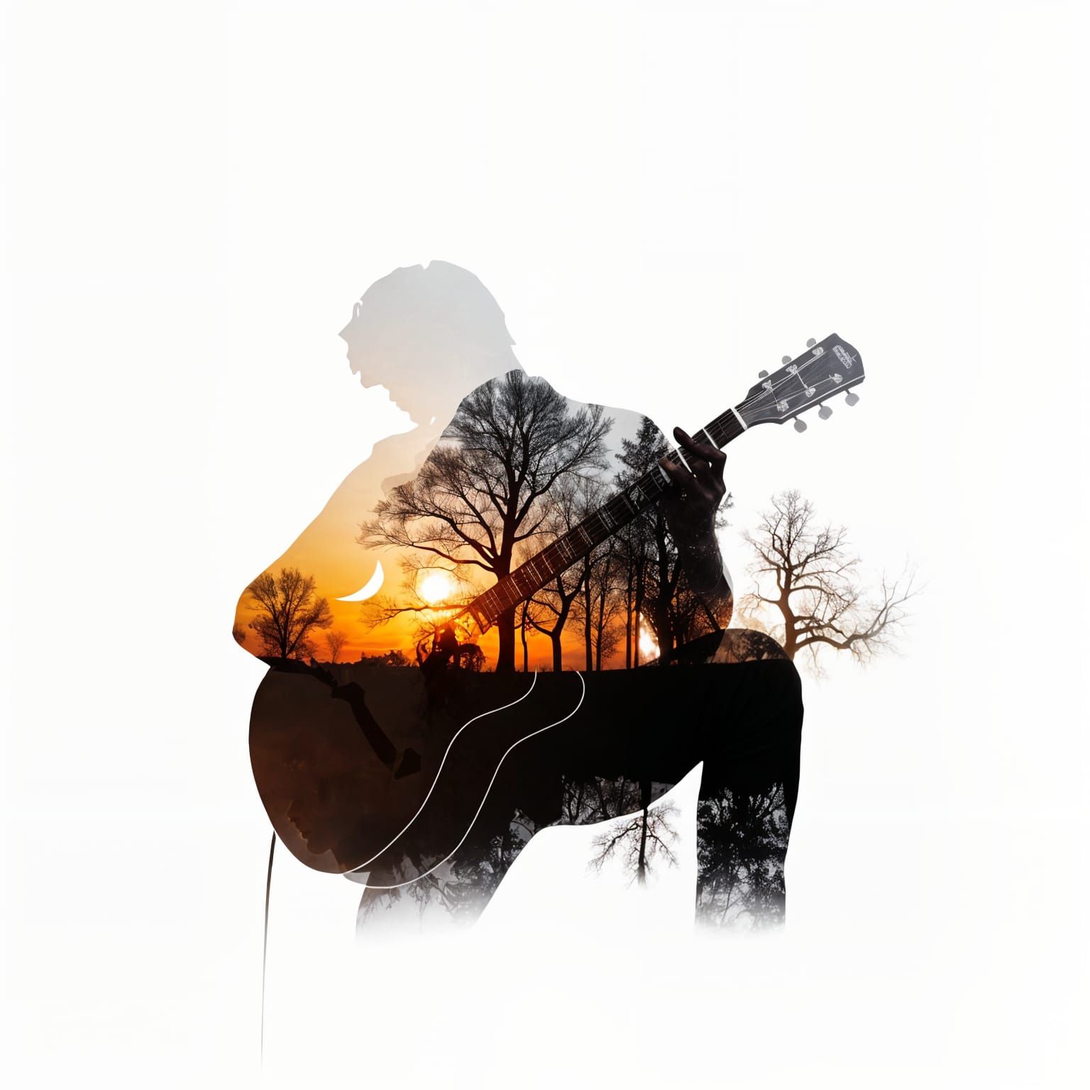 Surreal Double Exposure: Guitarist in Sunset Memories
