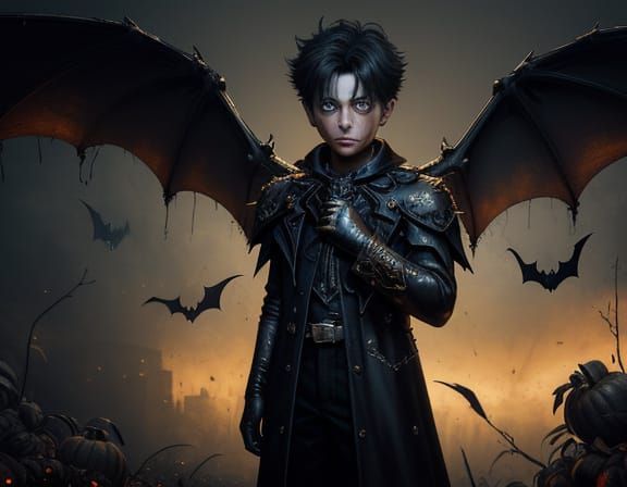Eerie Halloween Boy with Bat Wings in Oil Painting
