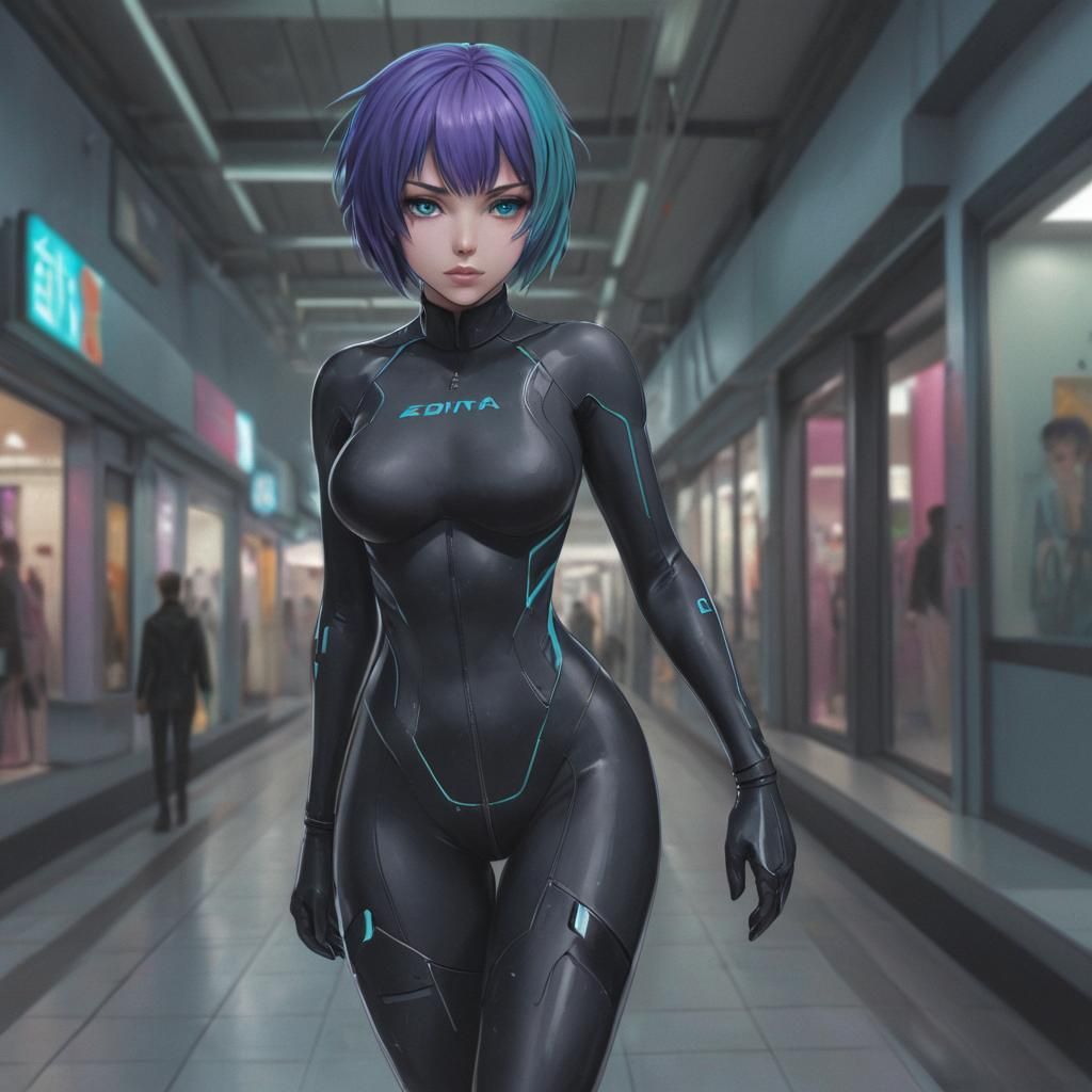 Cyberpunk Woman in Mall: Anime Style Illustration