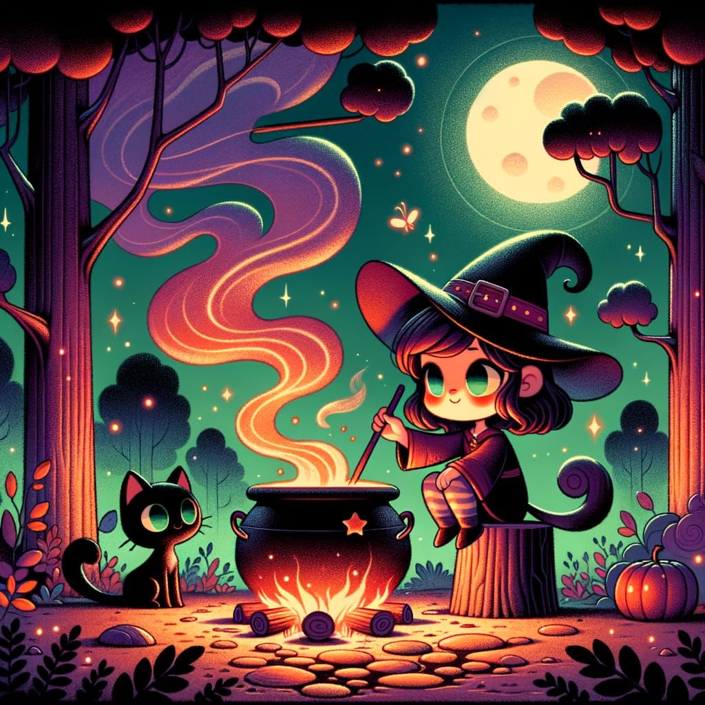 Charming Witch Brews Potion in Moonlit Forest