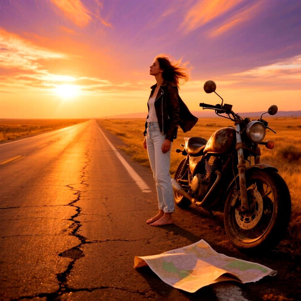 Woman on Highway at Sunset with Motorcycle