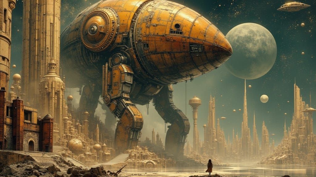 Giant Mecha Robot Destroys Alien City in Noir Style