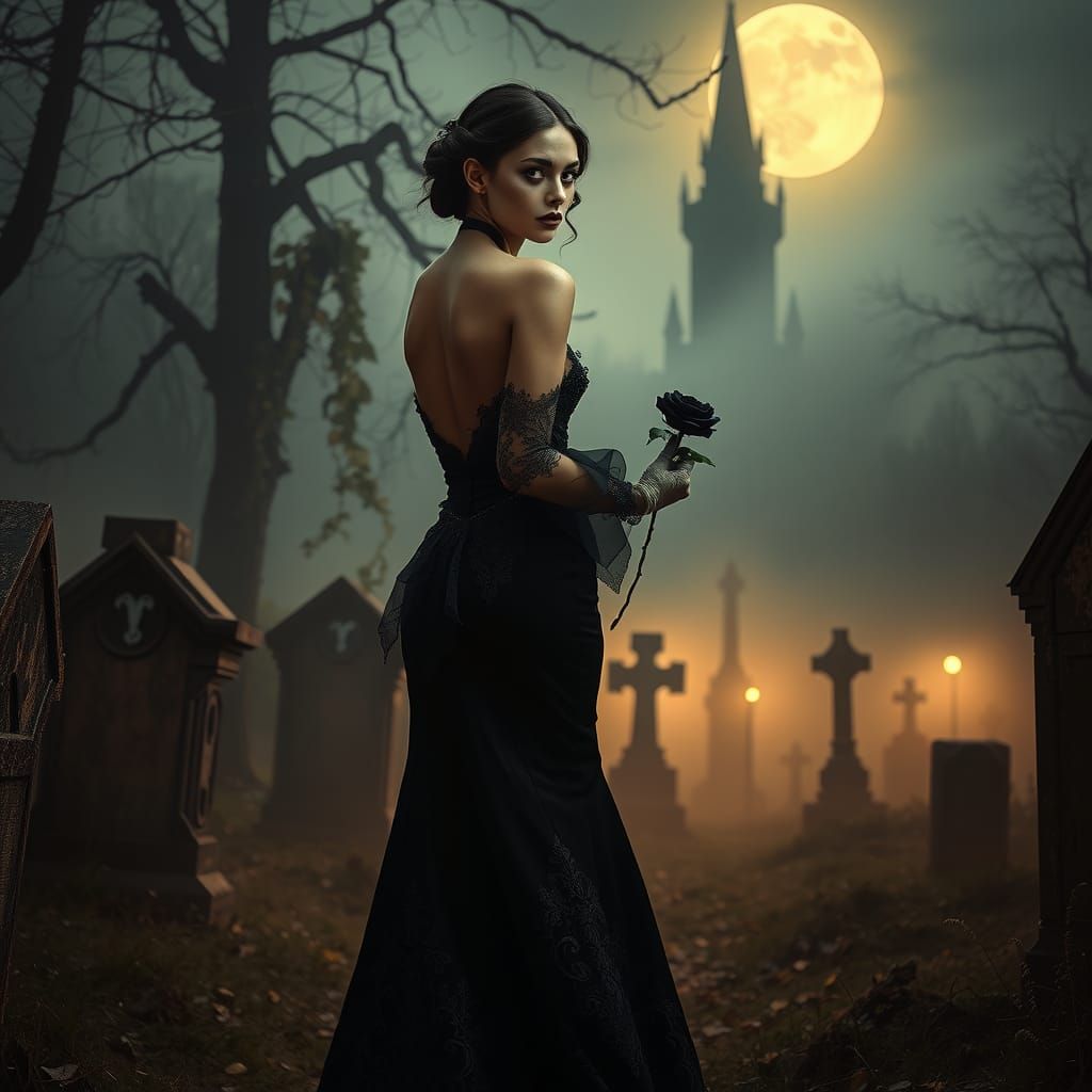 Gothic Femme Fatale in Graveyard, Beksiński Style