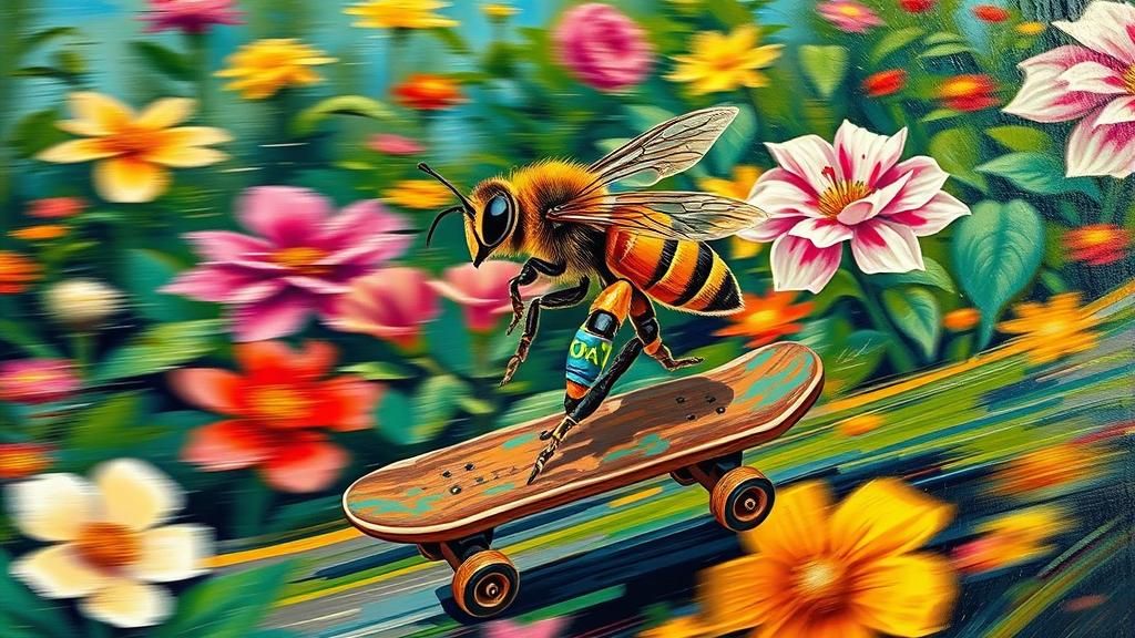 Bee on Skateboard in Neo-Impressionist Style