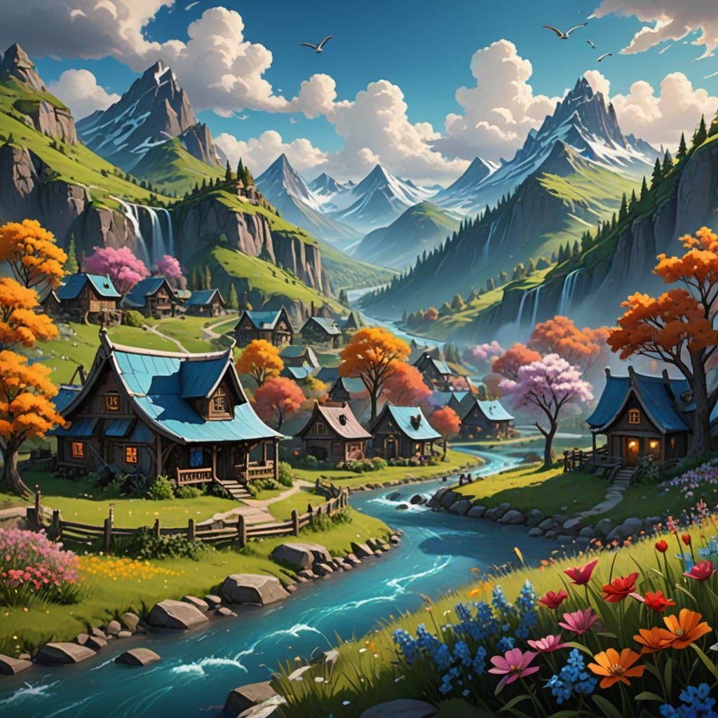 Village in Vibrant Bloom Amidst Rolling Hills