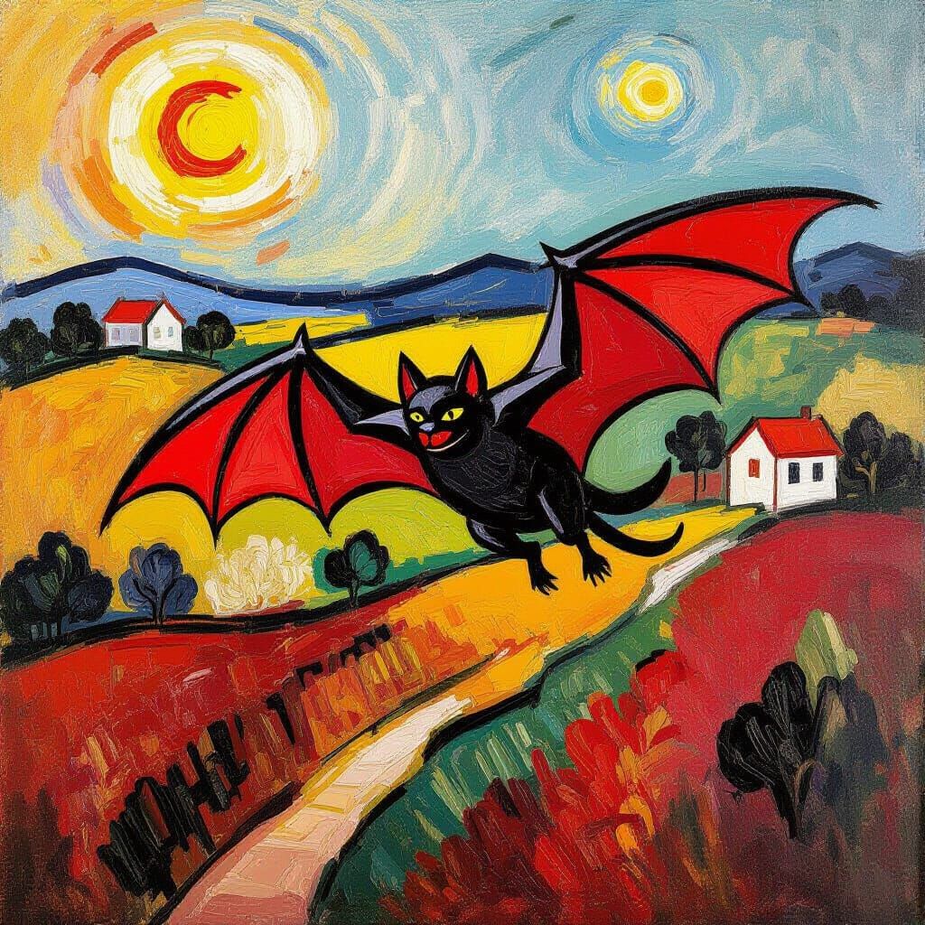 Fire Red Bat Soaring in Expressive Landscape