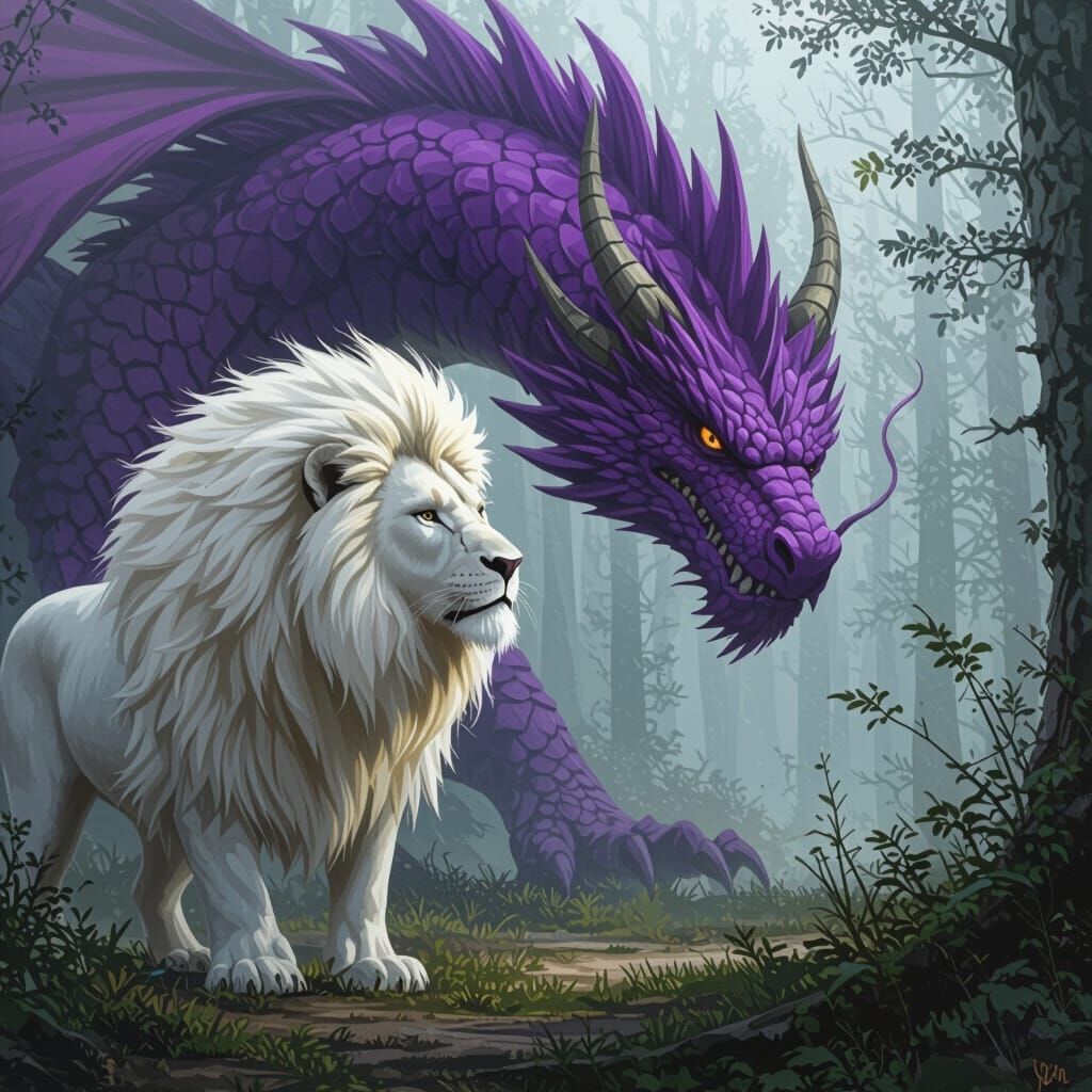 White Lion Faces Ferocious Purple Dragon in Misty Forest