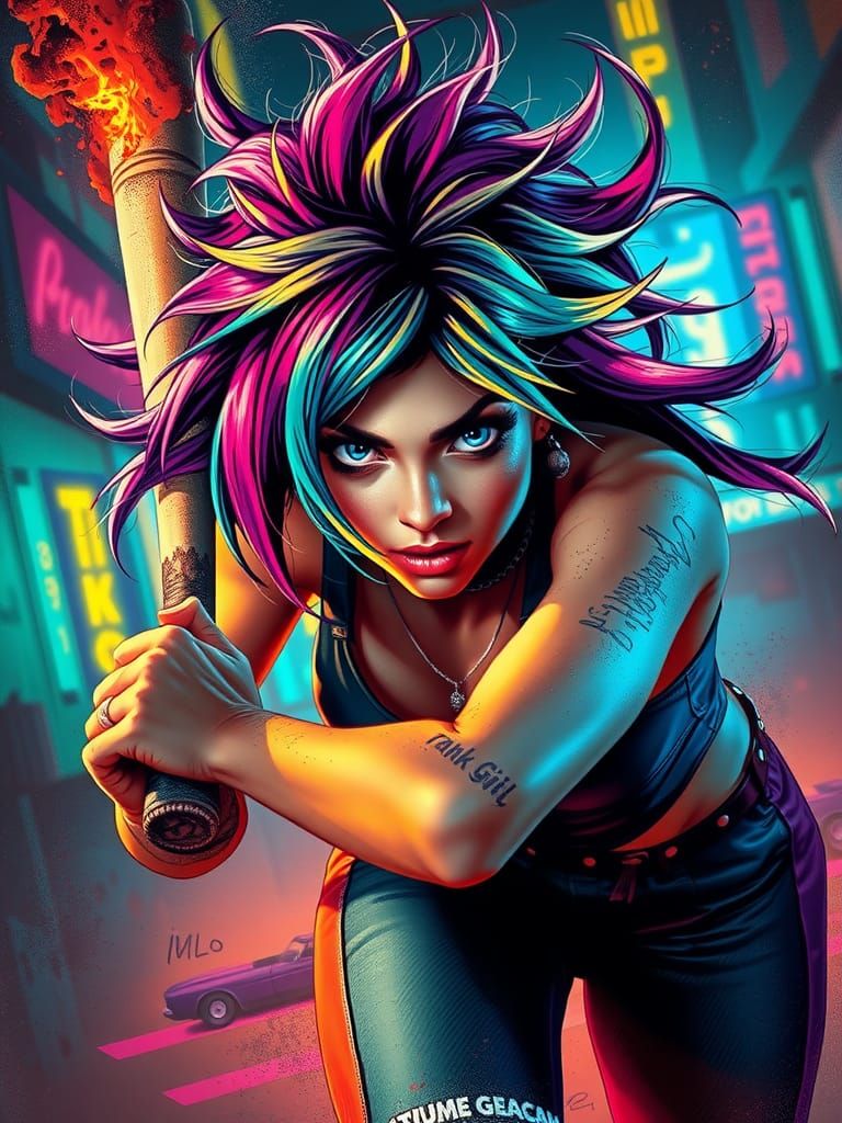 Dynamic Punk Girl in Retro-Futuristic Cityscape