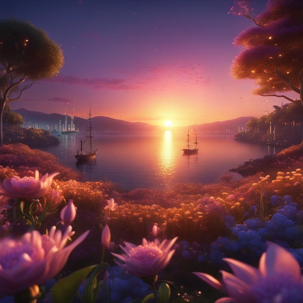 Sunset Over Bay: Floral Starry Fantasy Art