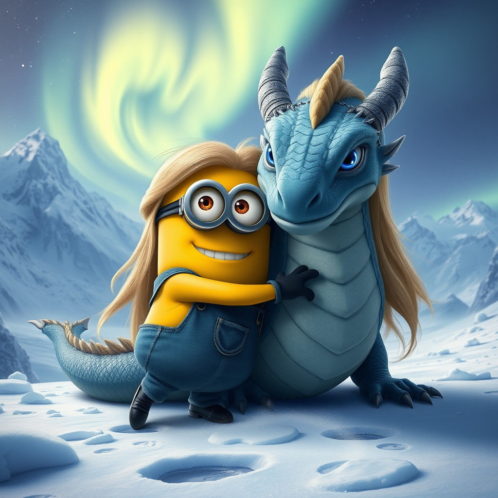 Minion and Frost Dragon Embrace in Icy Landscape