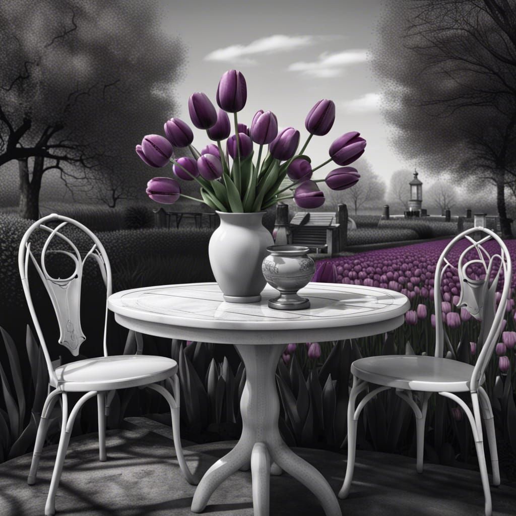 Purple Tulips in Black and White Garden