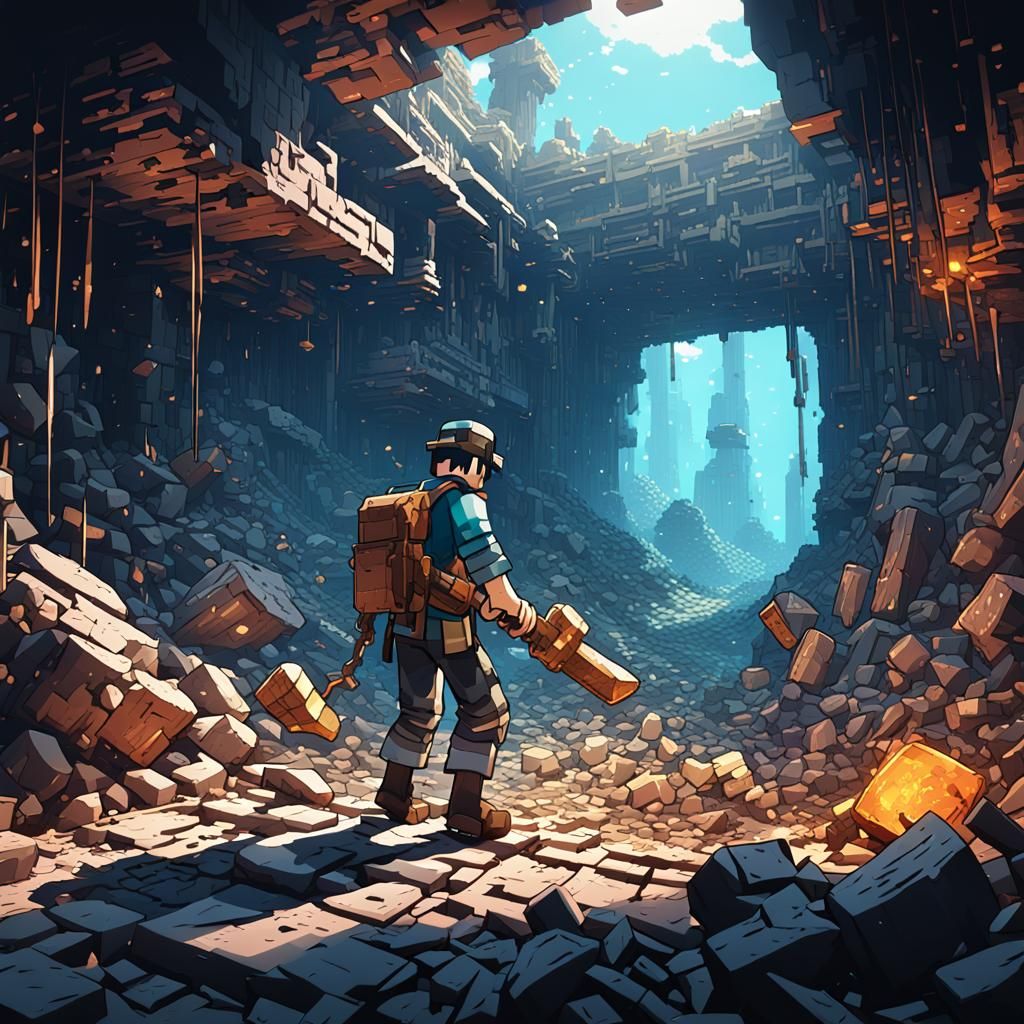 Minecraft Player Mining: Cel-Shaded Anime-Style Scene