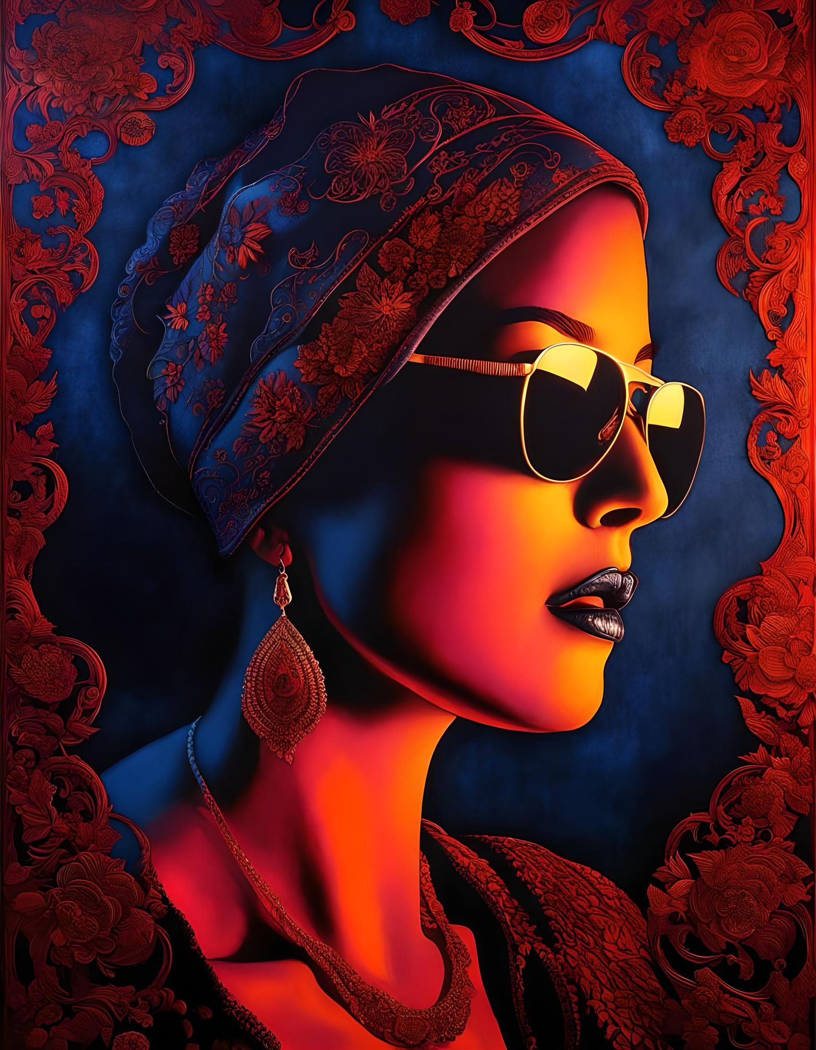 Sorrowful Portrait with Neon Glow and Denim Texture