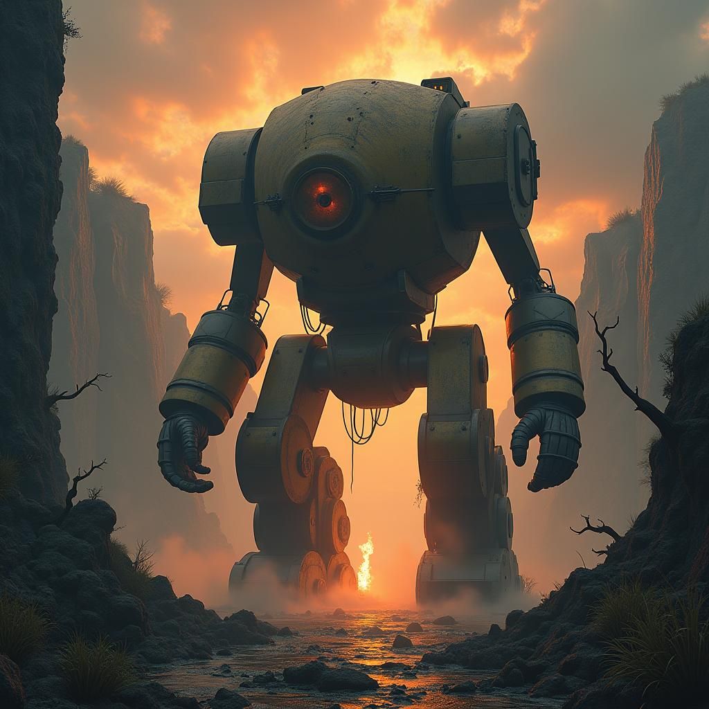 Colossal Mech Robot with Incinerator in Fantasy Landscape