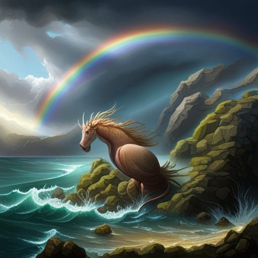 Seahorse in Stormy Weather with Rainbow