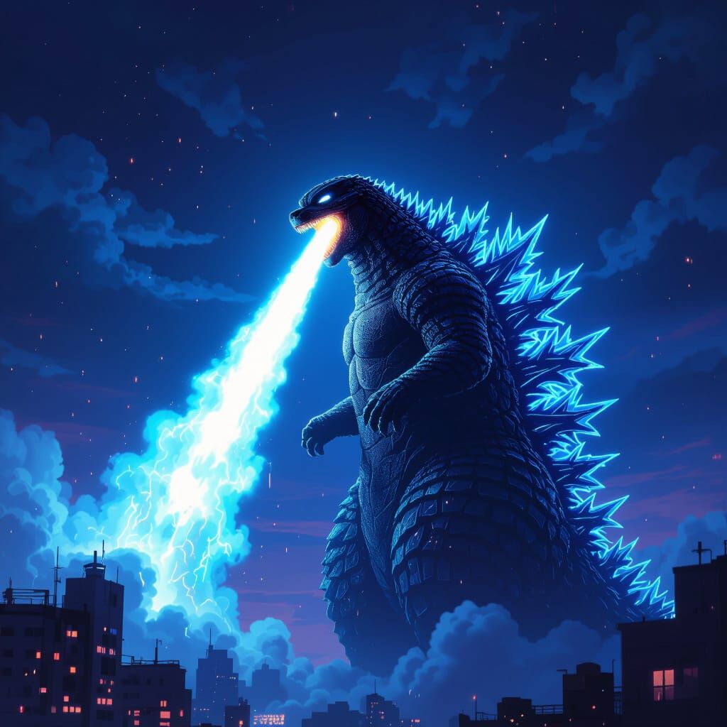 Godzilla Breathes Light Blue Flame in Futuristic Style