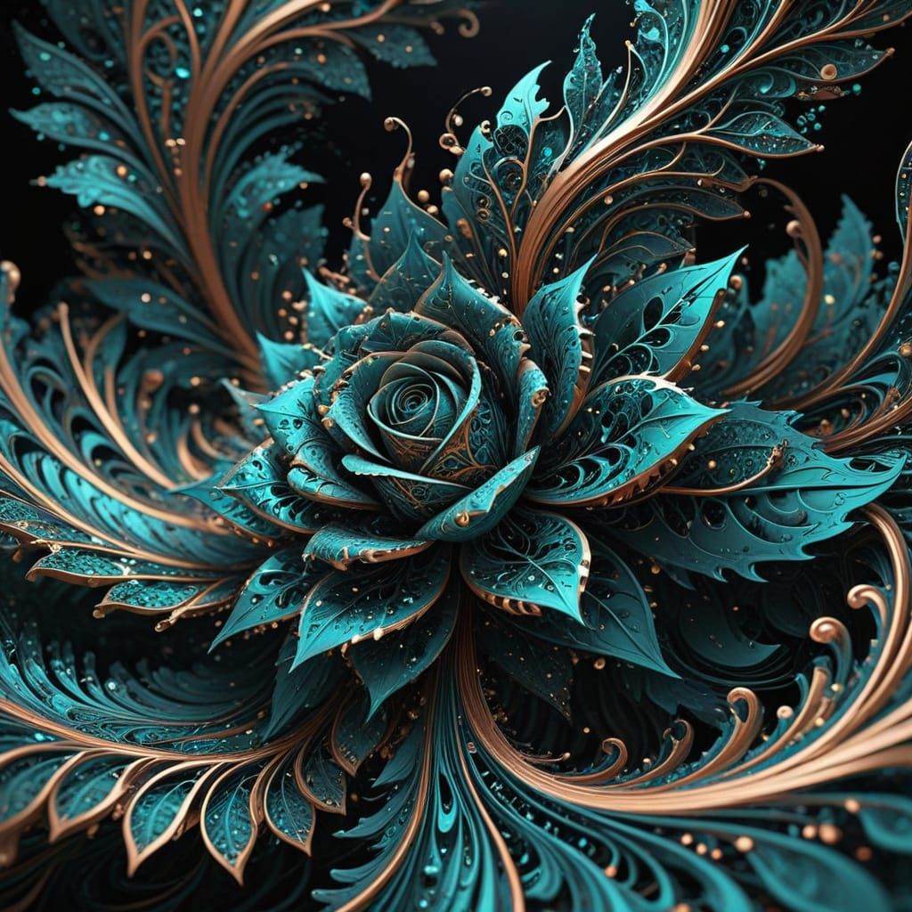 Celestial Rose Fractal in Rose Gold and Dark Teal