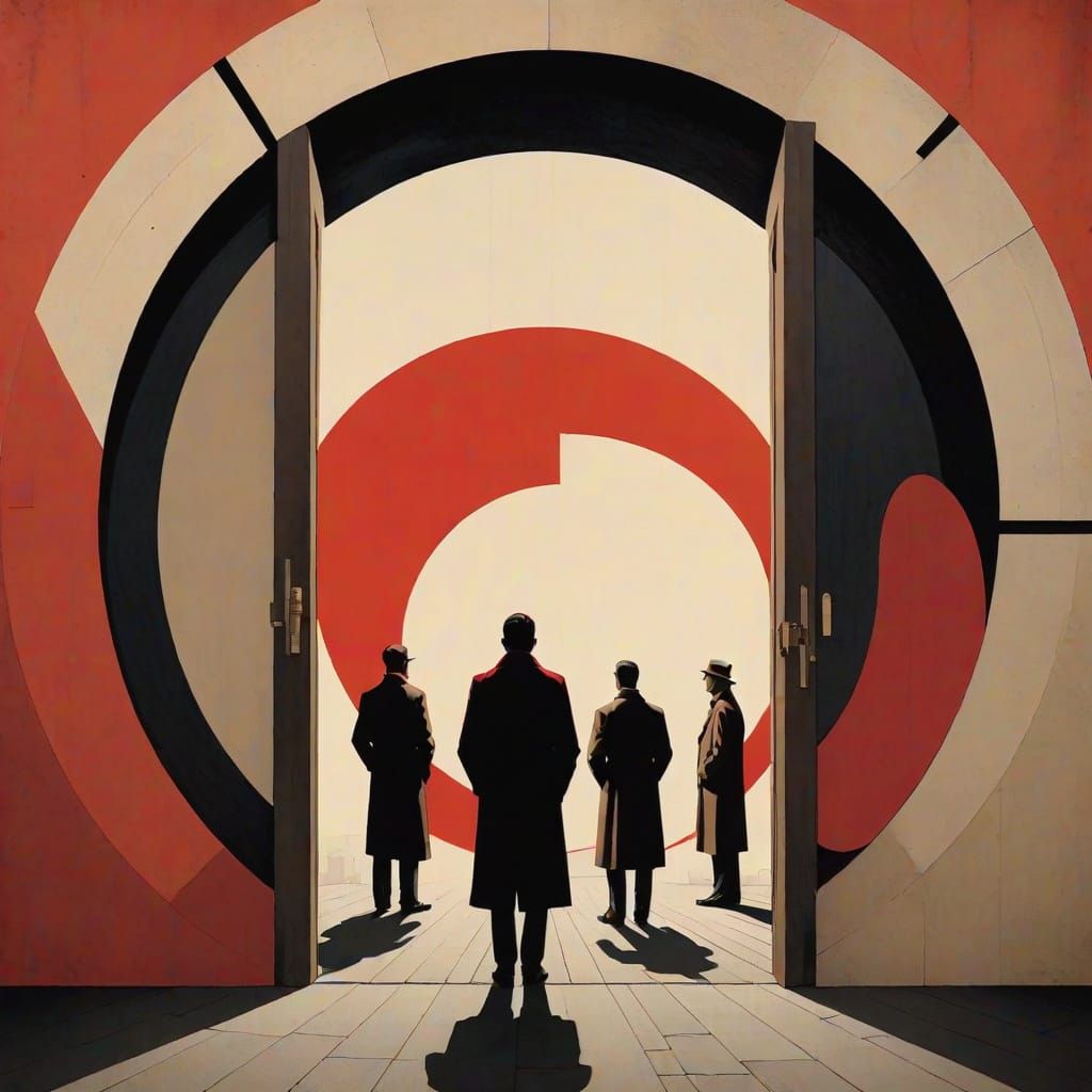 Surreal Art Deco Collage with Figures in Doorways