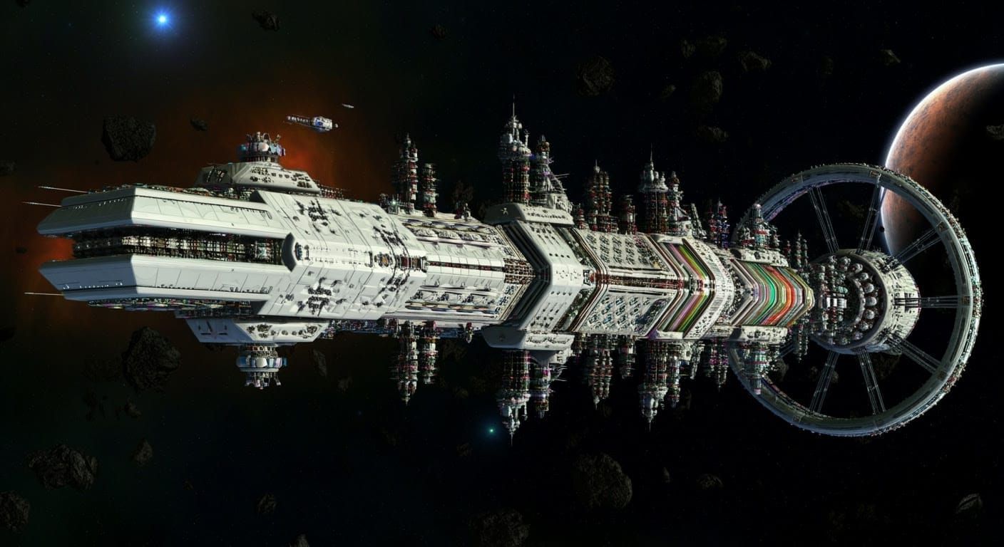 Sci-Fi Spaceship Arriving in Martian Orbit: Detailed Digital...