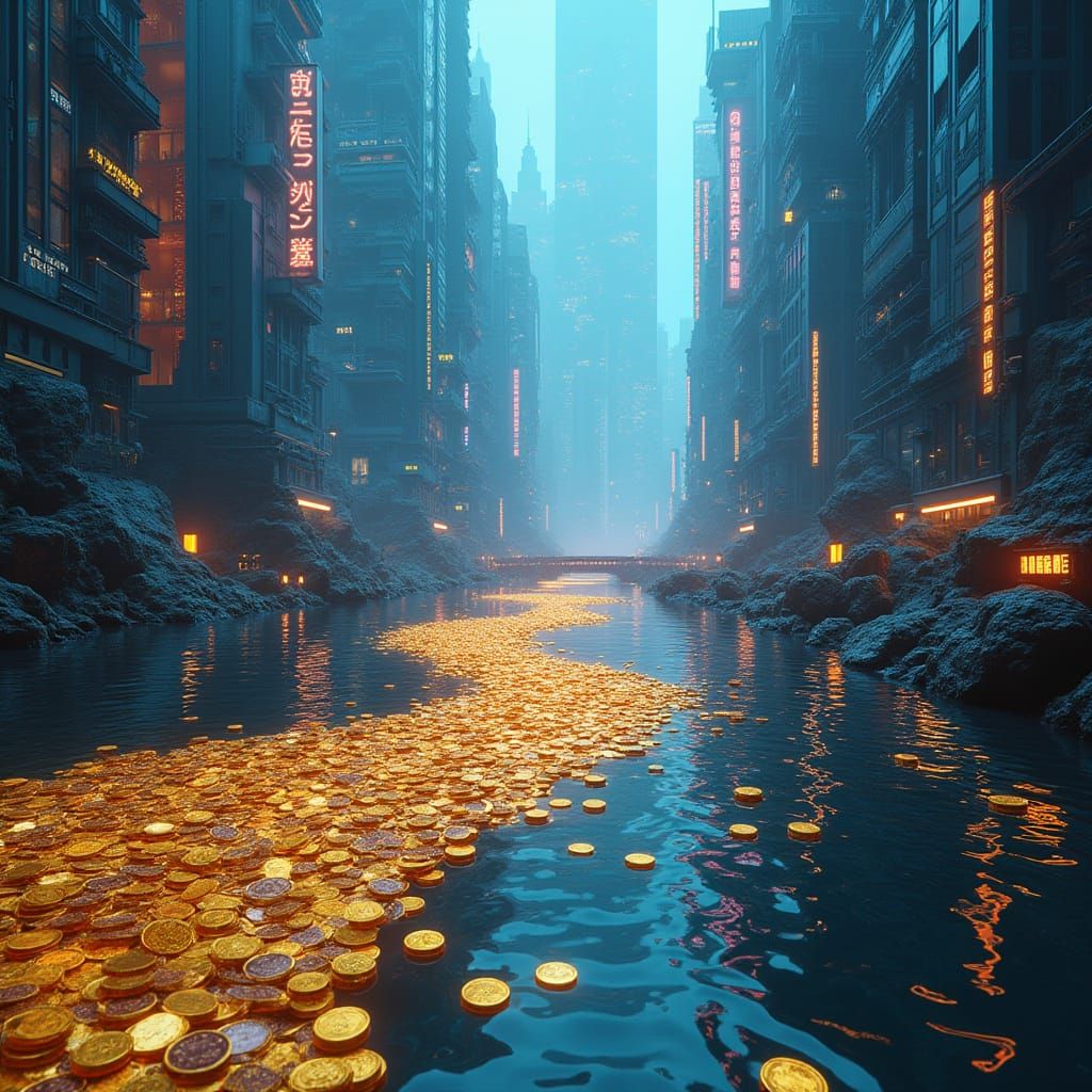 River of Gold Coins in Cyberpunk Cityscape
