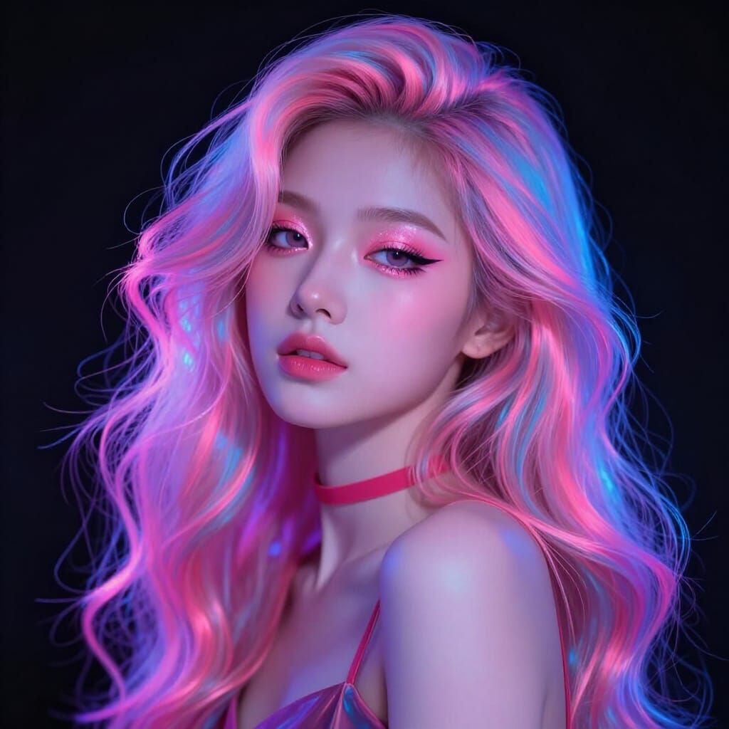 Neon-Haired Woman Portrait in Ethereal Digital Art Style