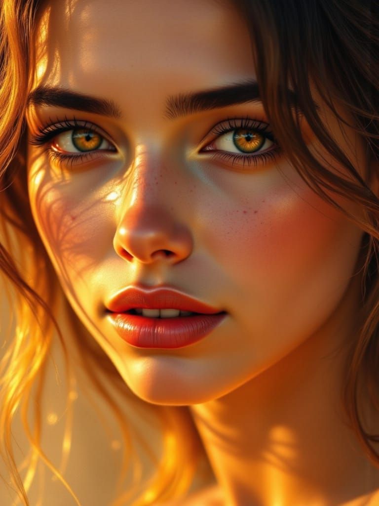 Woman with Amber Eyes in Golden Hour Oil Painting