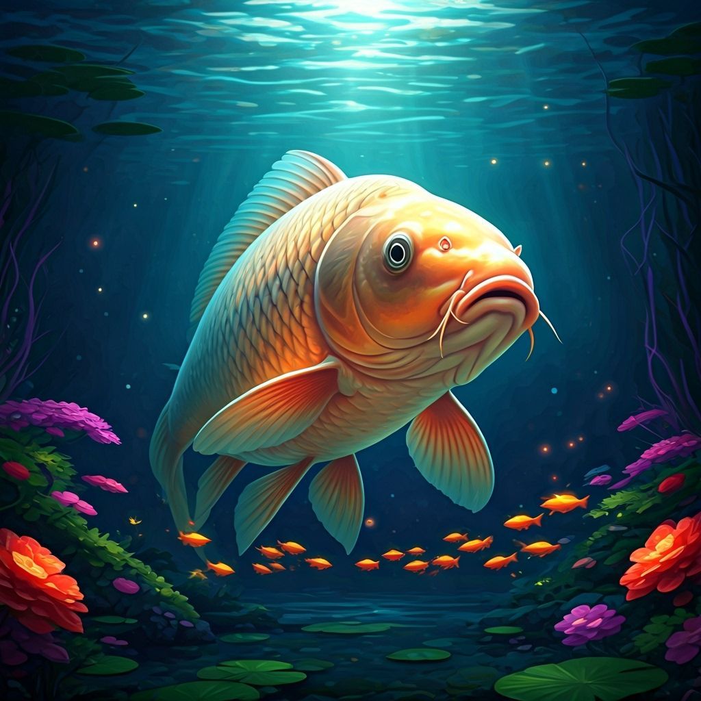 Japanese jumbo koi carp, underwater among fish in a magic fa...