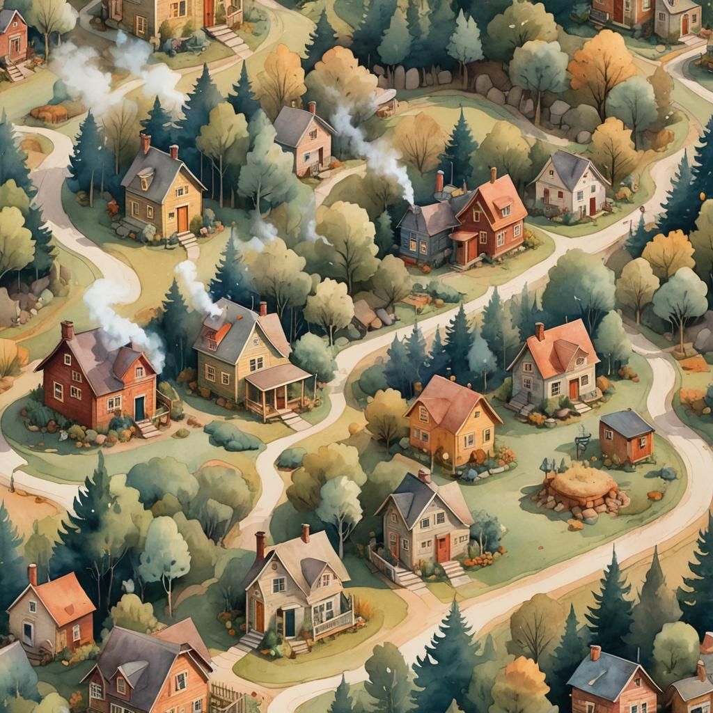 Whimsical Tiny House Village Watercolor Illustration