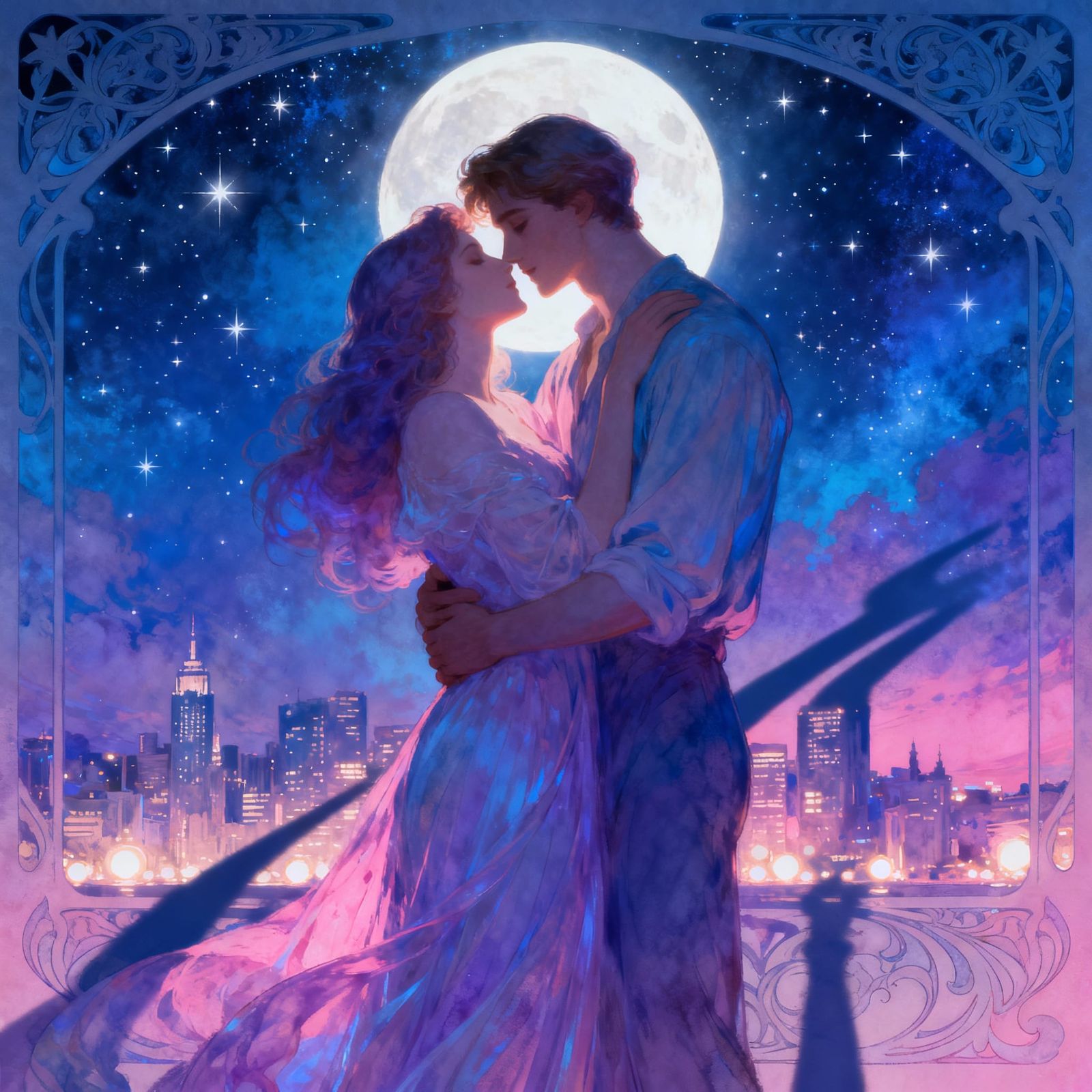 Passionate Couple Embracing Under Starry Sky
