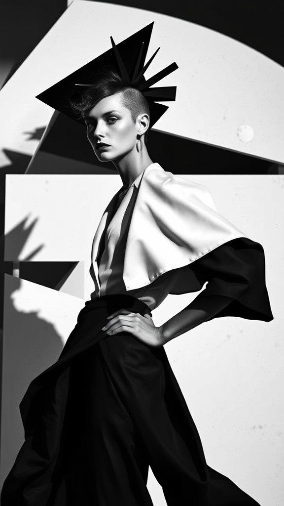 Geometric Fashion Model in Dadaist Black and White