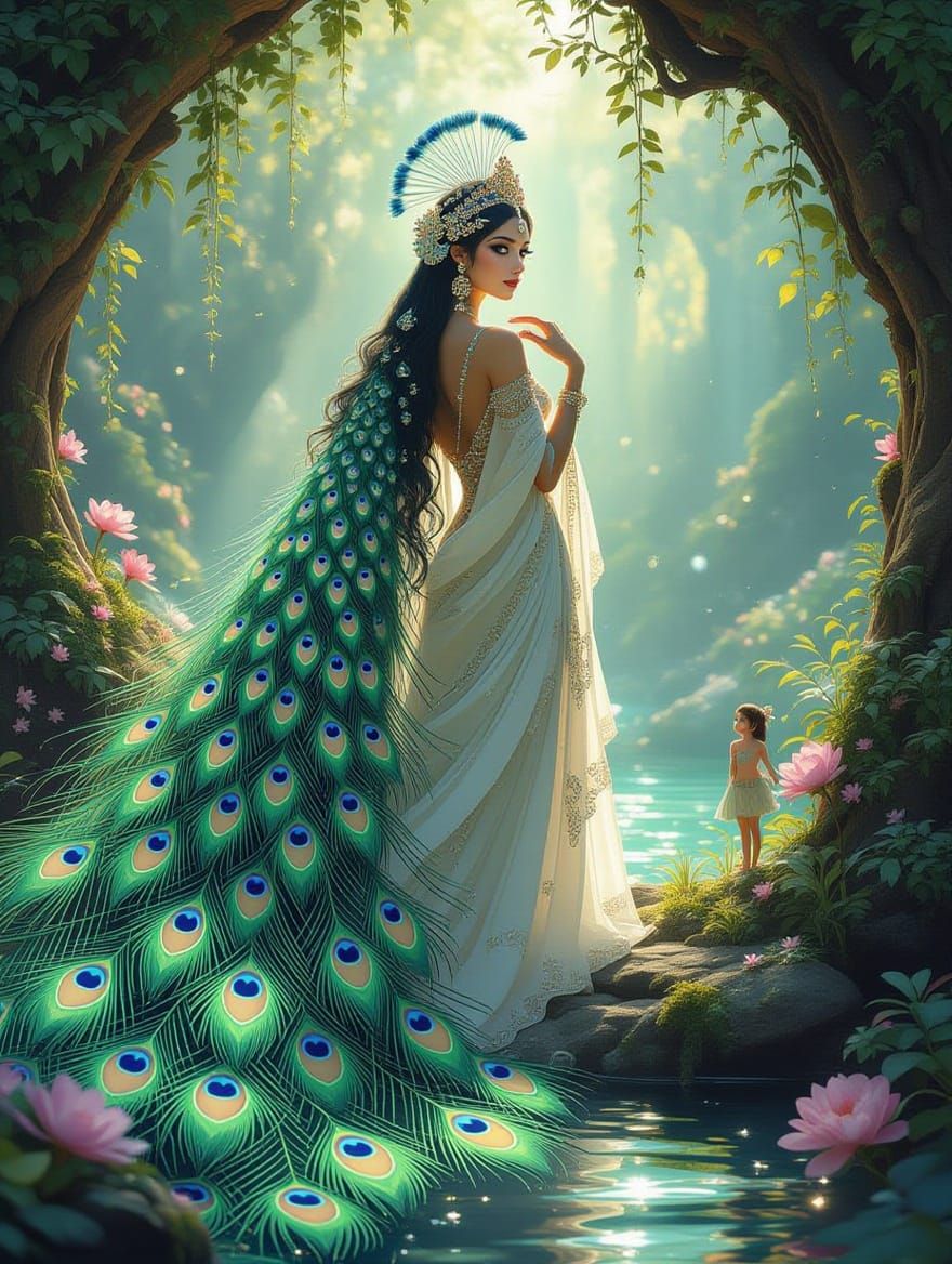 Peacock Goddess in Bioluminescent Grotto, Art Nouveau Style