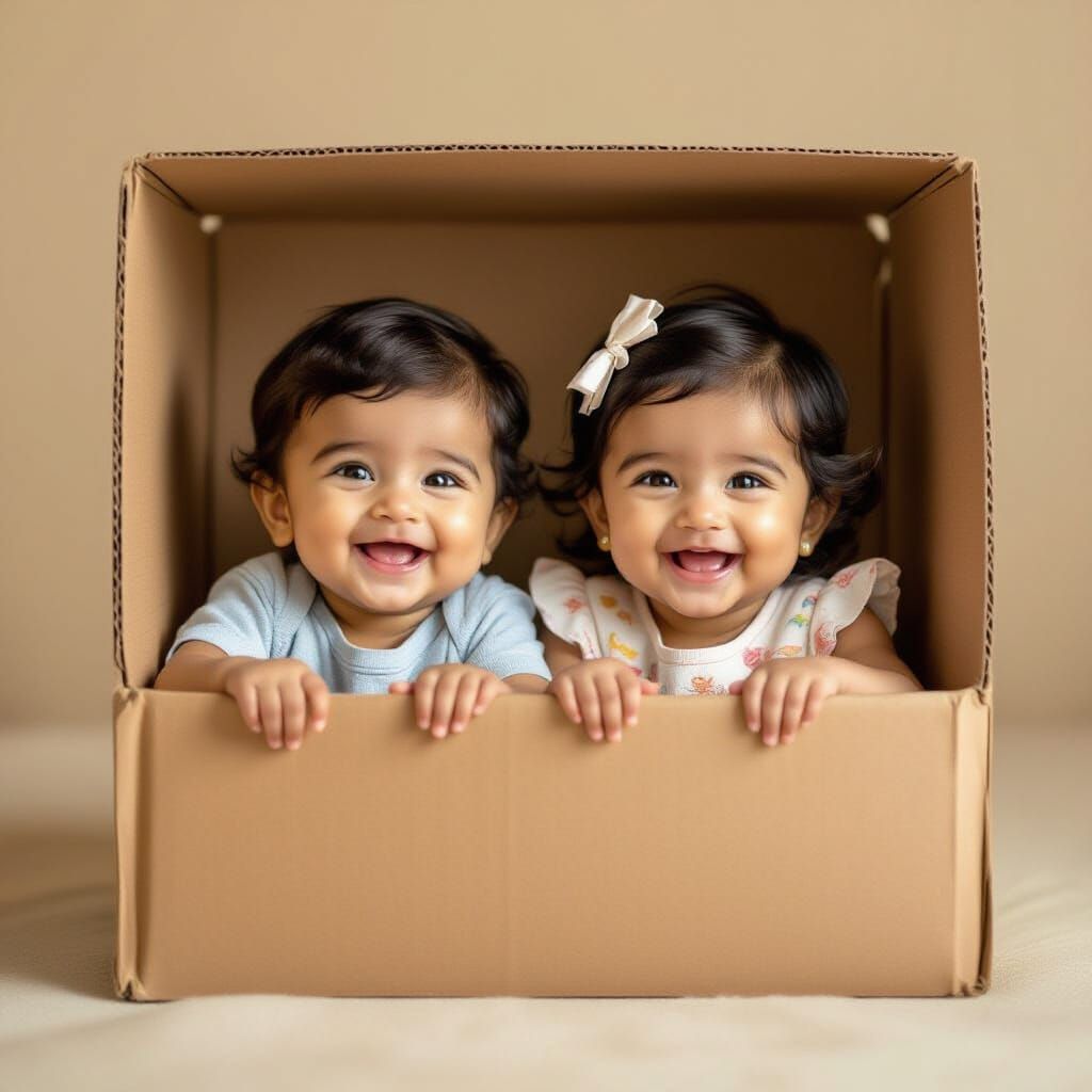 Joyful Indian Toddlers Smile in Cardboard Box