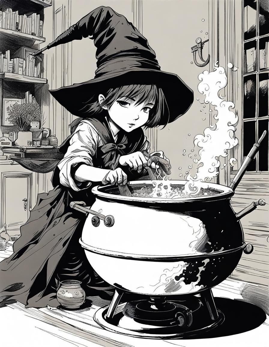 Cute Witch Stirring Cauldron in Ink Art Style