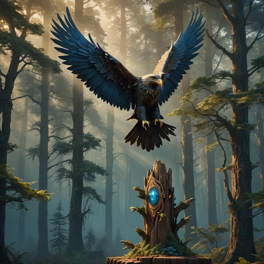 Majestic Eagle Totem Rising from Forest Mist