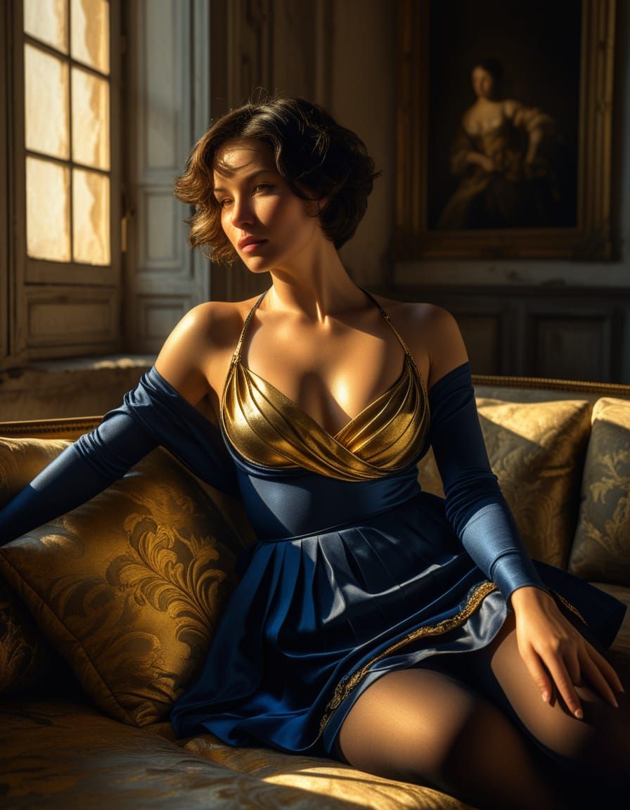 Baroque Woman Lounging in Ruined Apartment