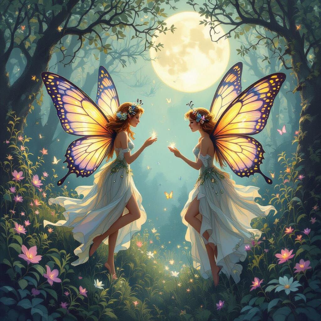 Enchanting Butterfly Fairies in Mystical Forest Moonlight
