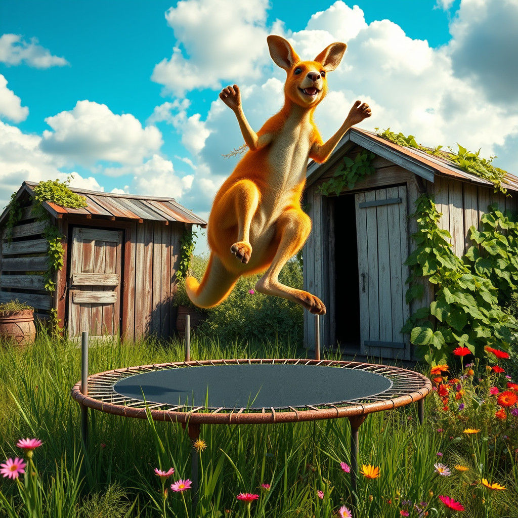 Joyful Kangaroo Bouncing on Vintage Trampoline