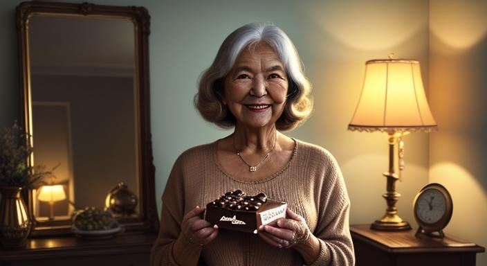 Nostalgic Film Still of Person With Chocolates