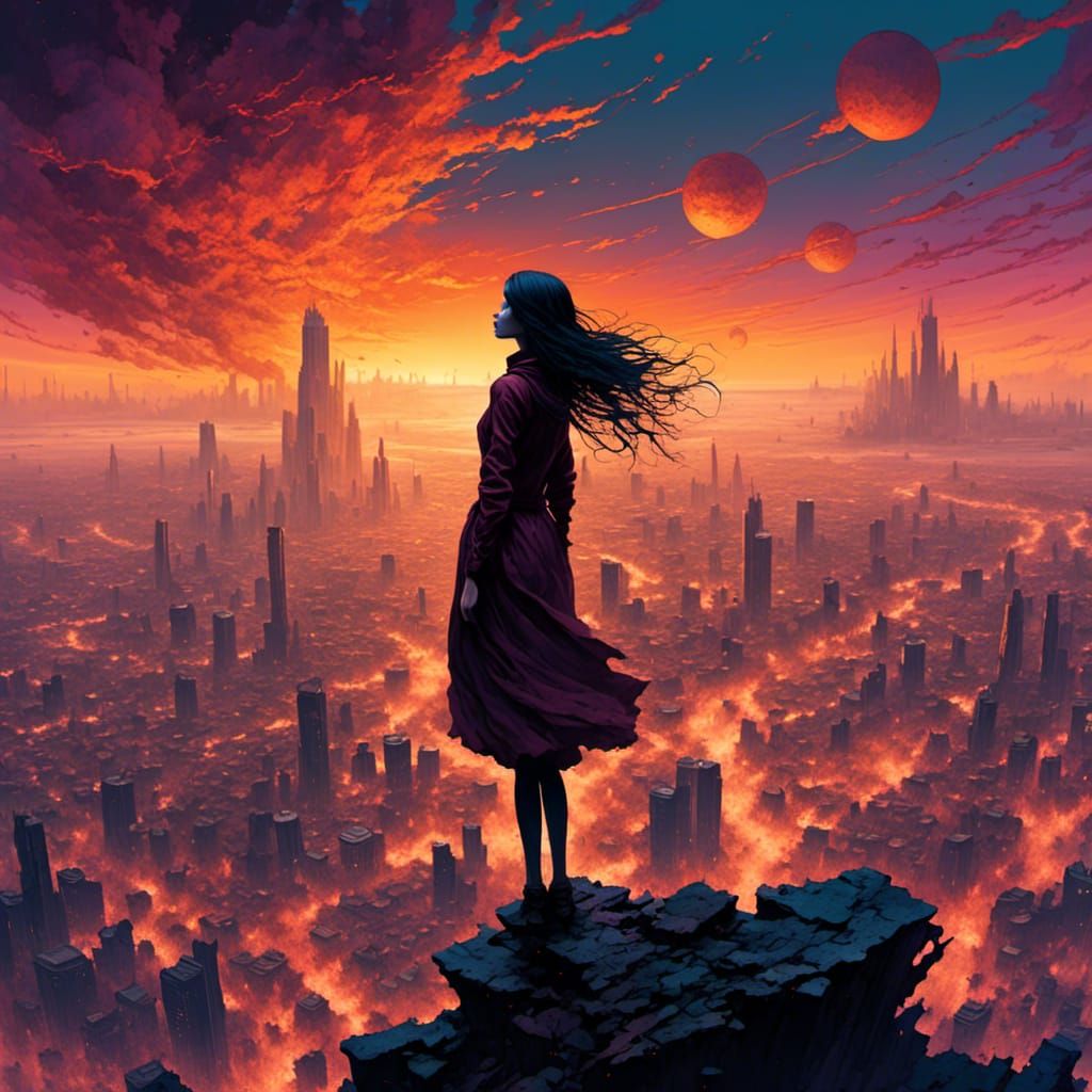 Traveler with Globe Overlooking Cityscape Sunset