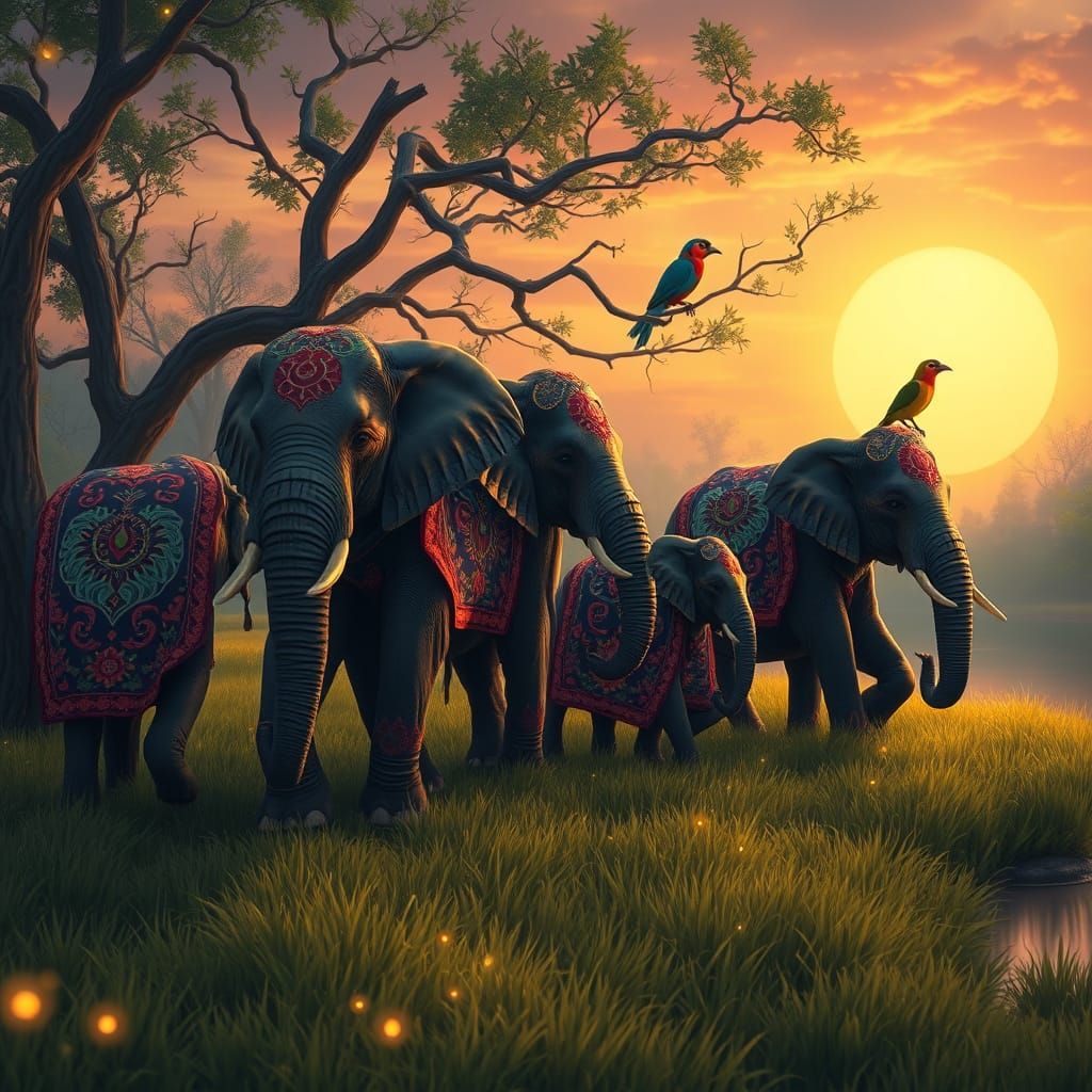 A Family of Elephants in Vibrant Embroidered Attire at Sunse...