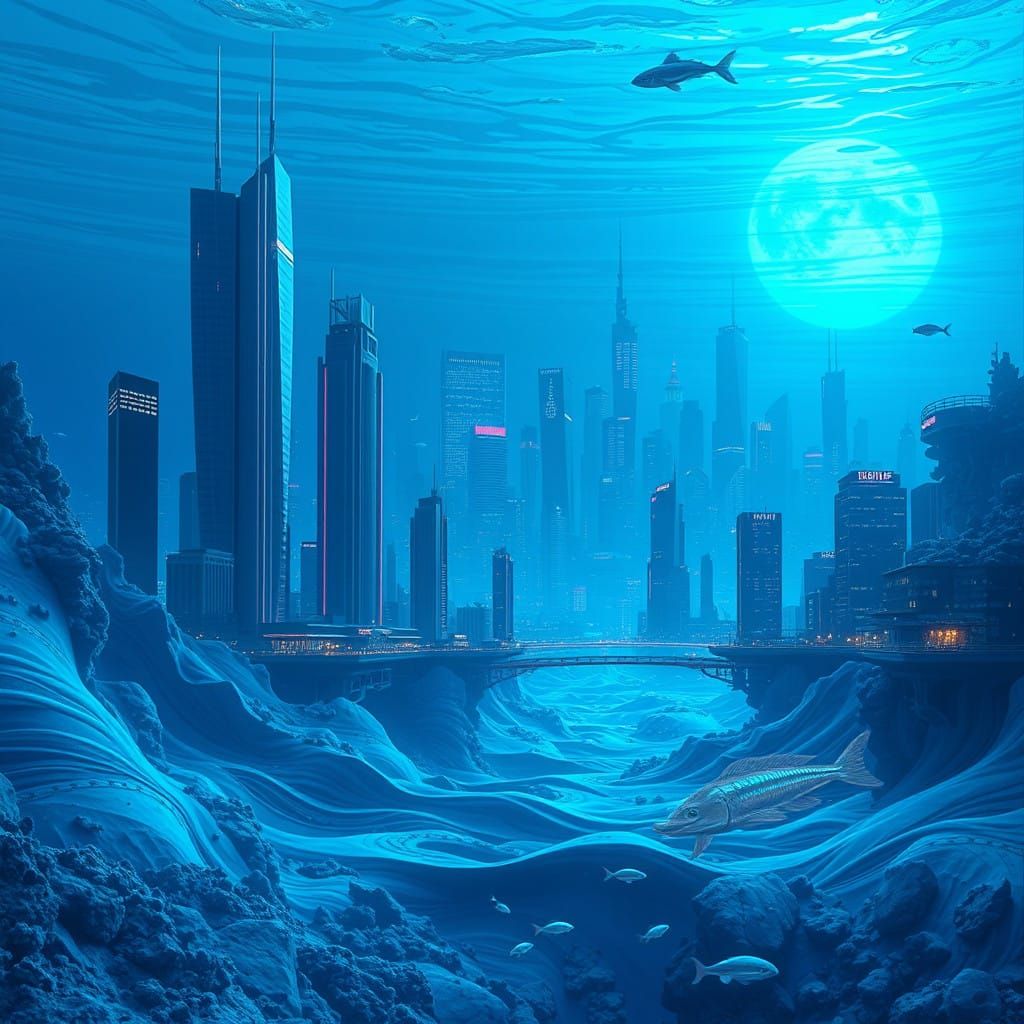 Whimsical Futuristic Cityscape in Vibrant Blues and Neon