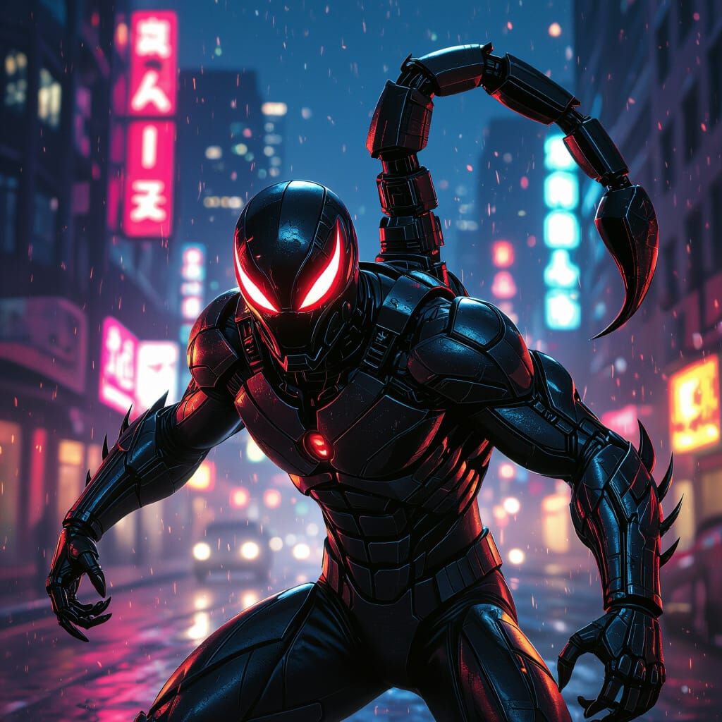 Scorpion Superhero with Cybernetic Enhancements in Neon City
