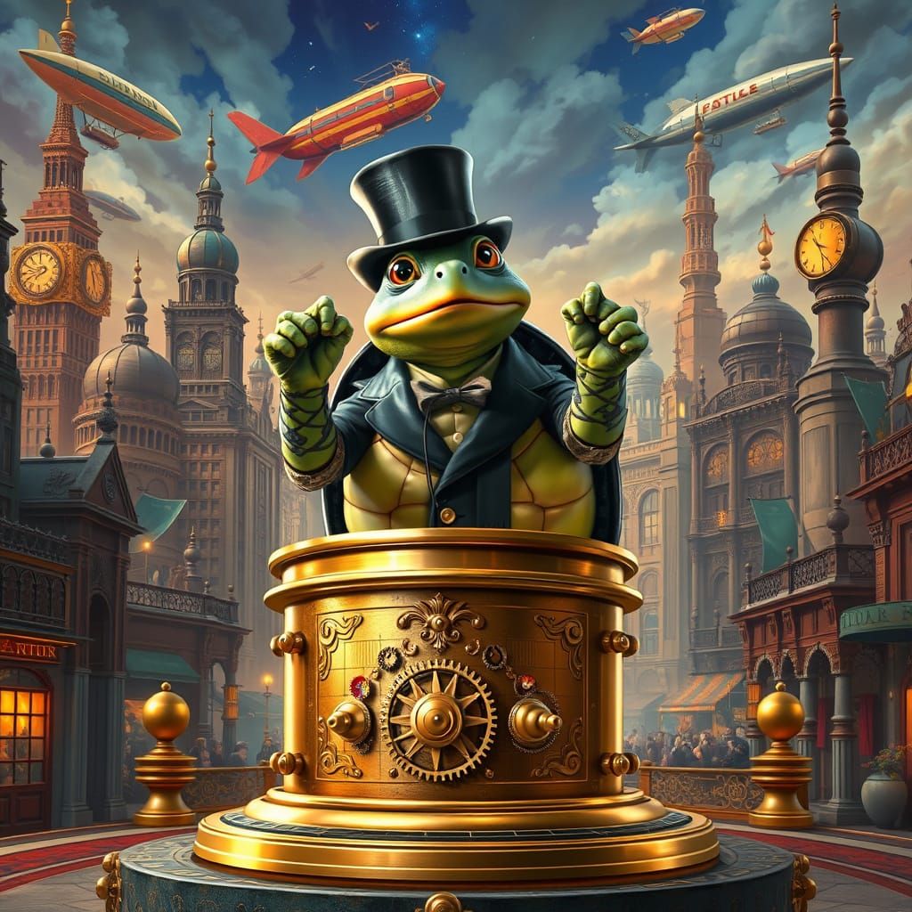 Steampunk Turtle Sings on Victorian Podium