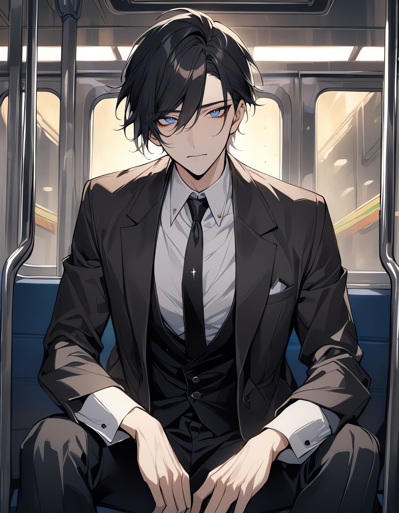 Sad Bishounen in Subway Train with Moon Motifs