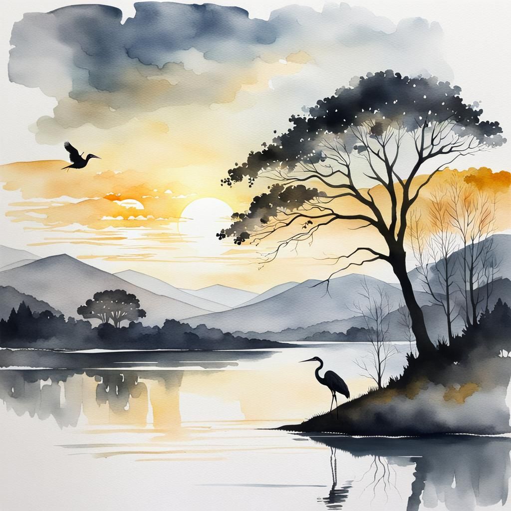 Watercolor Sunset Lake Scene with Heron Silhouette