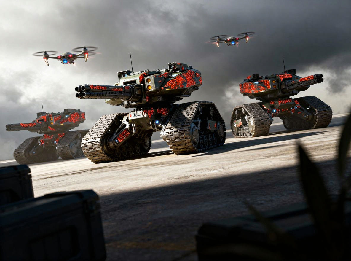 a collection of armored tracked combat vehicles, with forwar...