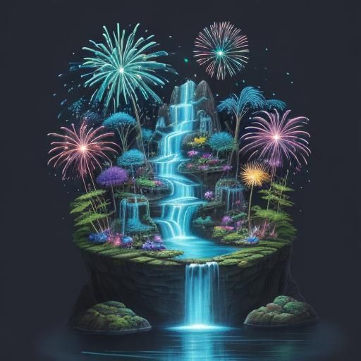 Bioluminescent Chibi Pony by Waterfall in Garden